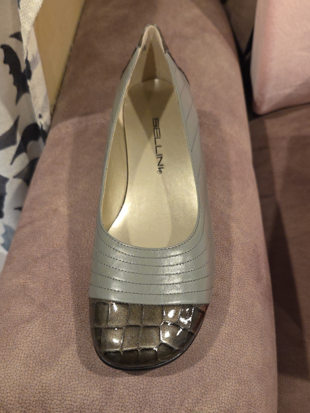 Bellini Light Gray Leather Ballet Flat with Metallic Croc Toe